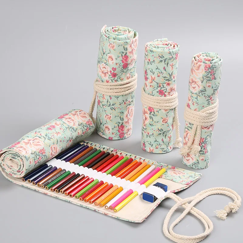 Canvas Floral Roll Color Sketch Pencil Cases with A Rope Tie Wholesale  MultI Holes Pens Storage Bags