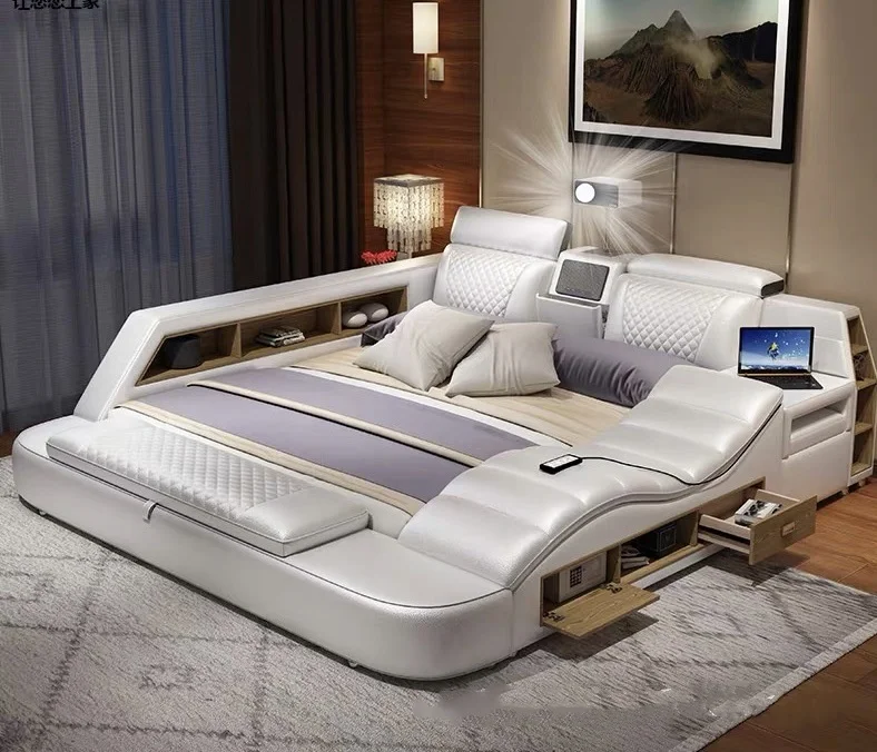 Modern Design Smart Leather Bed King Size Double Bedroom Furniture Set Queen Size Multifunctional Smart Luxury Bed With TV