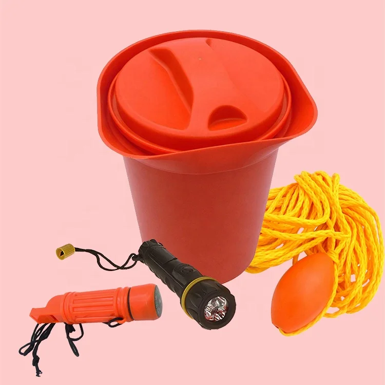 Marine boat accessories ship bailer kit for water-sports bucket scoop, 50 ft rope and float, LED torch and whistle orange color