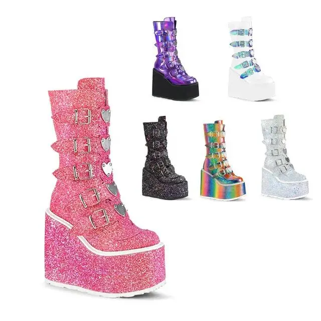 new Customized  Pink Glitter Sequins Heart Round Toe Platform Shoes Knee High Big Size Punk Shoes Fashion Wedge Cool Boots