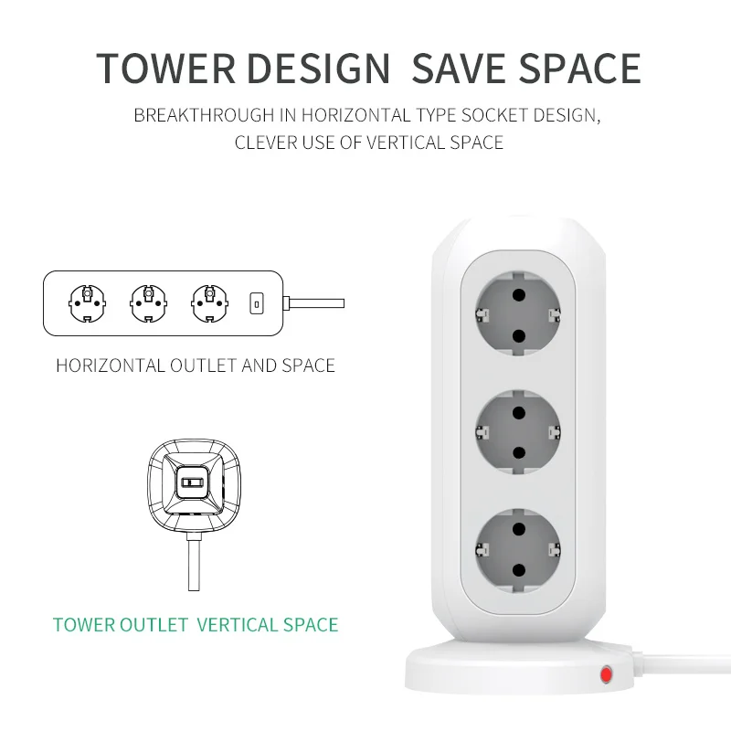 Worldplug 11 Way USB EU Surge Protector Tower Outlet Extension Power Strip with USB