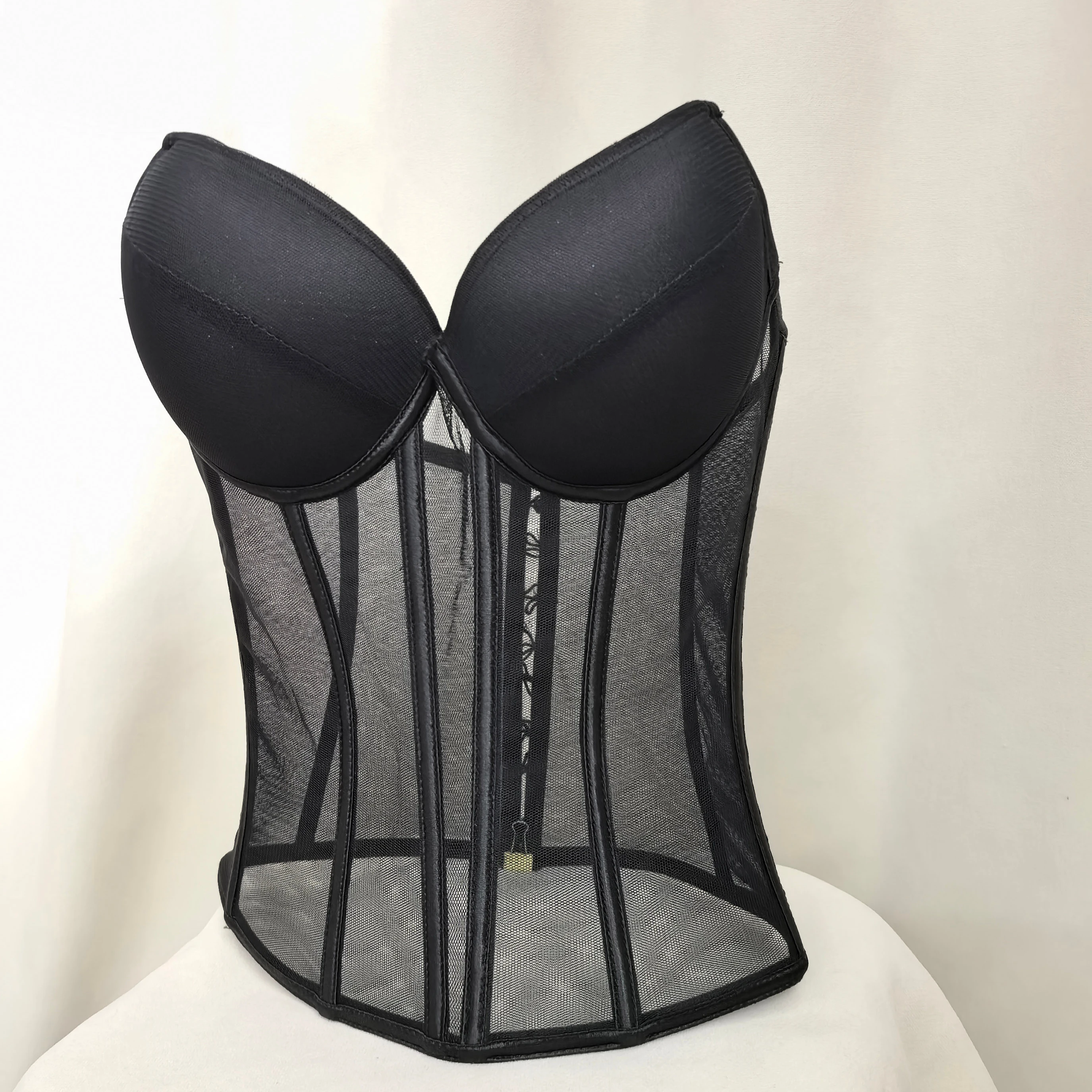 Fashionable Solid Black Color Sexy Women Mesh Bra Gothic Slim Streetwear SeeThrough Overbust Bustier Pad Corset Top