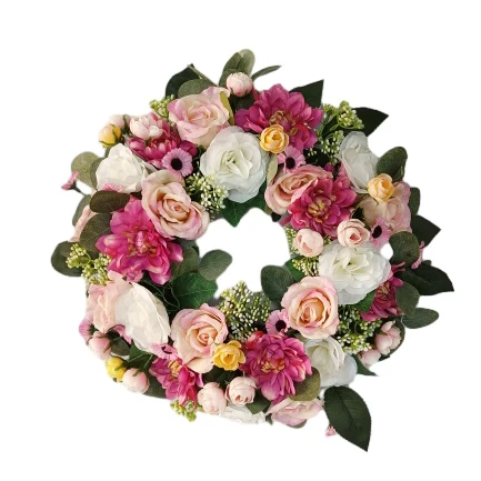 Senmasine artificial flowers rose peony mixed Greenery leaves spring flower wreath with ribbon bows front door hanging decor