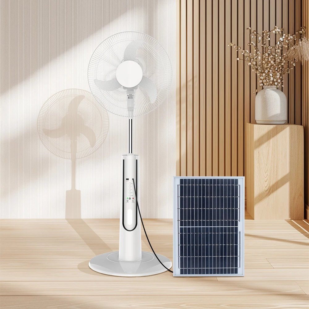 New Design Rechargeable Floor Standing Fan Electric Rechargeable 16Inch Solar Panel Fan With Led Light