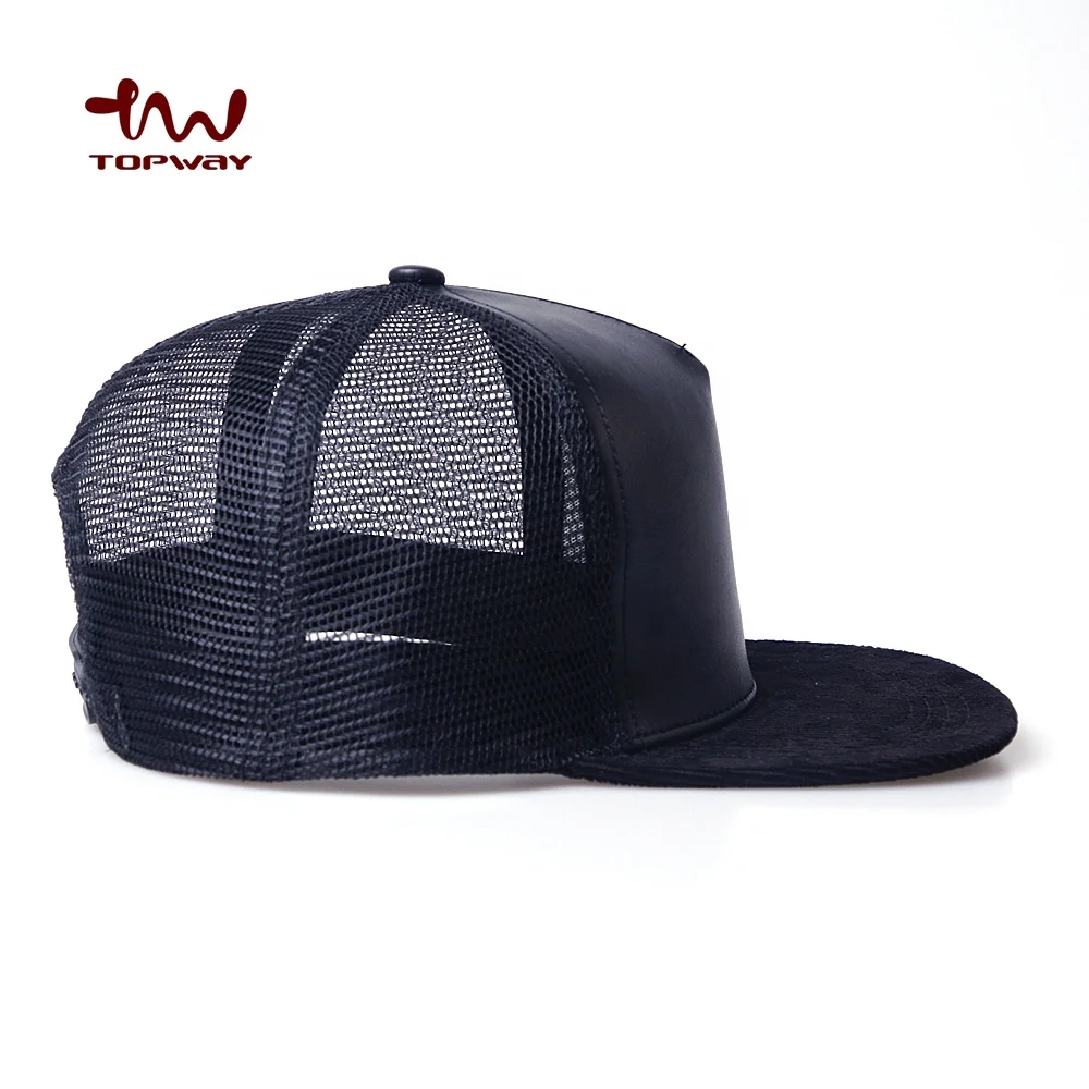 Wholesale Cheap 5 Panel Cap Custom Black Blank Pu Leather Classic Look Trucker Mesh Caps Hats