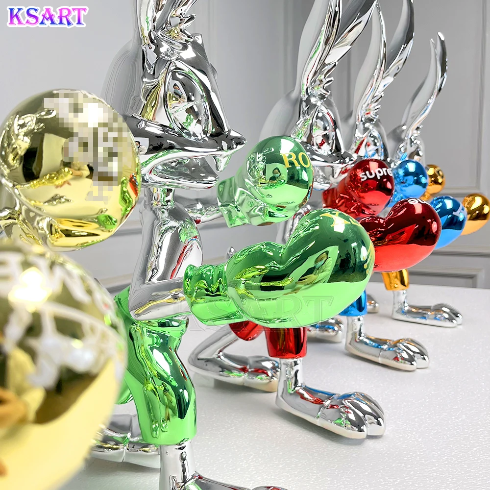 High quality resin rabbit boxer statues, plated chrome animal decorations, home decor chic play art deco