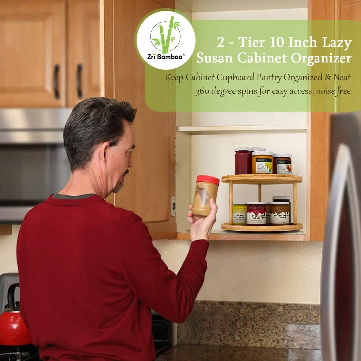 Hot sale Turntable Spice Rack 10 Inch 2-Tier Bamboo Kitchen Countertop  Cabinet Rotating Condiments Organizer