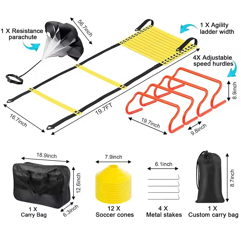 ActEarlier Football Soccer Speed Training Equipment Set 12 Soccer Cones 4 Hurdles Running Parachute Agility Ladder