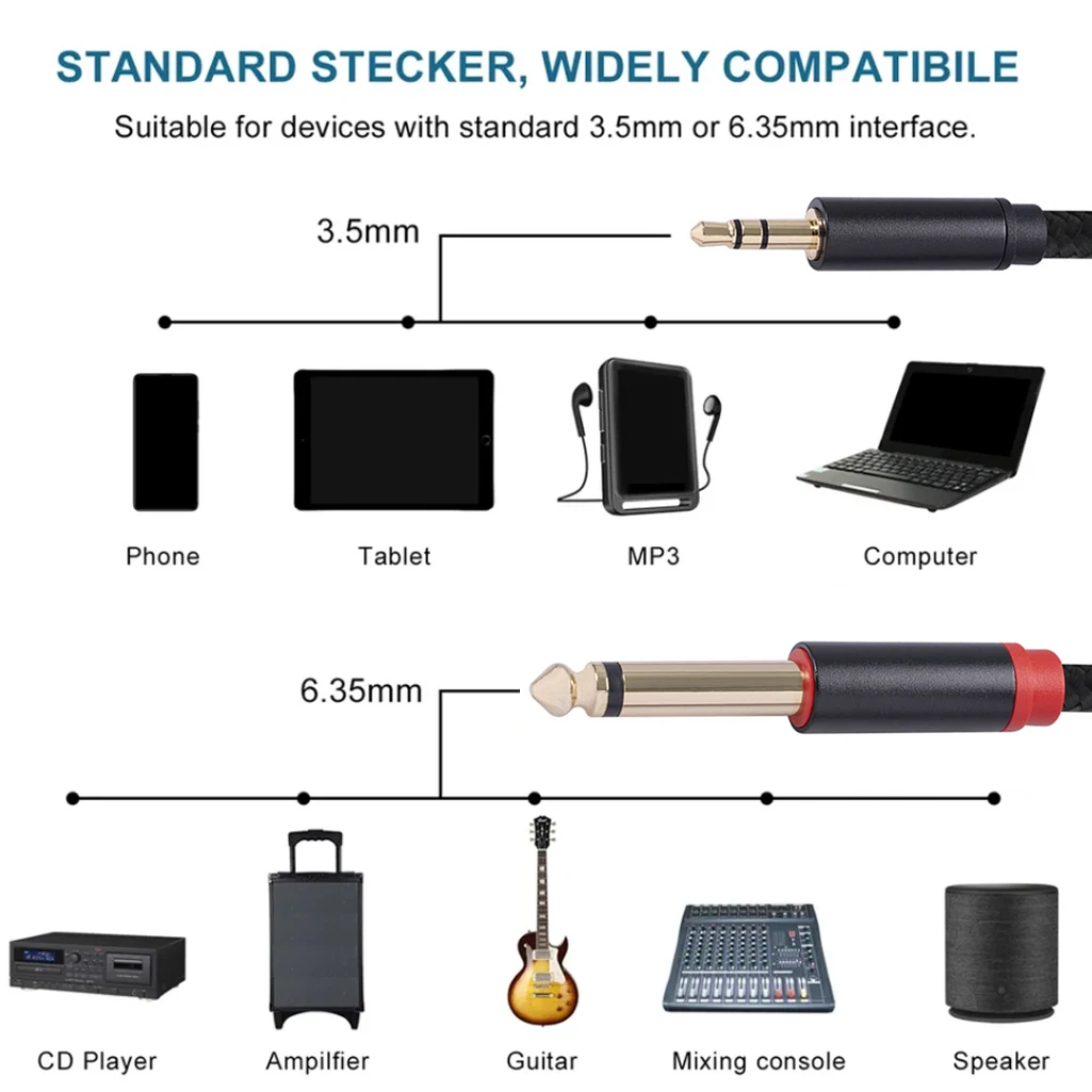 Speaker Audio Cable 3.5mm To Double 6.35mm Aux Cable 2 Mono 6.5 Jack To 3.5 Male For Phone To Mixer Amplifier 6.35 Adapter
