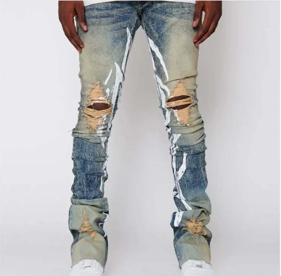 2023 new arrivals new design vintage stacked denim pants wholesale custom slim fit prints ripped stacked jeans men flare jeans