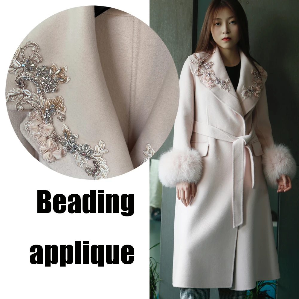 New Design High Quality Luxury Long Solid Color Woven Beading Applique Wool Cashmere Belted Coat With Real Fur Cuffs For Ladies