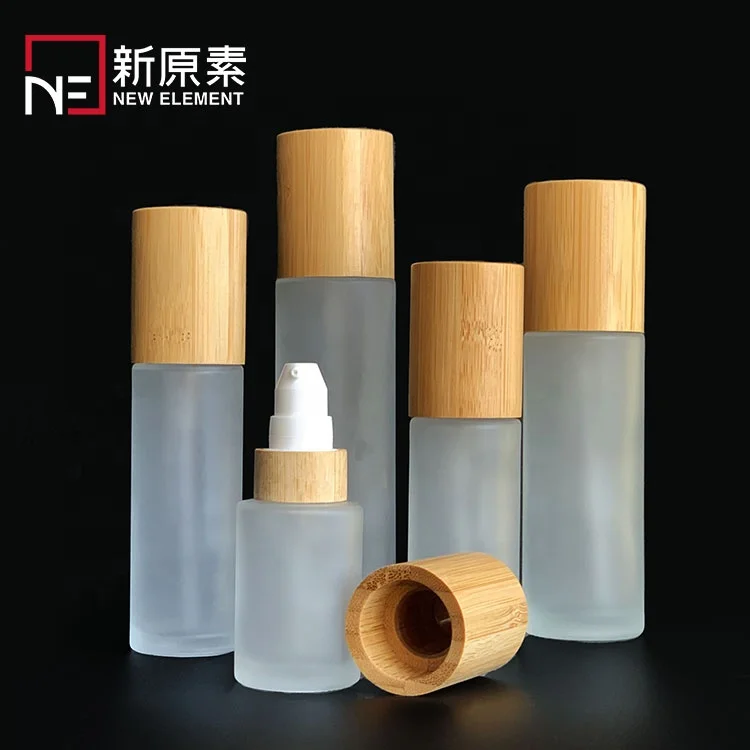 cylinder 30ml 50ml 60ml 80ml 100ml 120ml frosted perfume cream lotion serum glass lotion pump bottle with bamboo lid