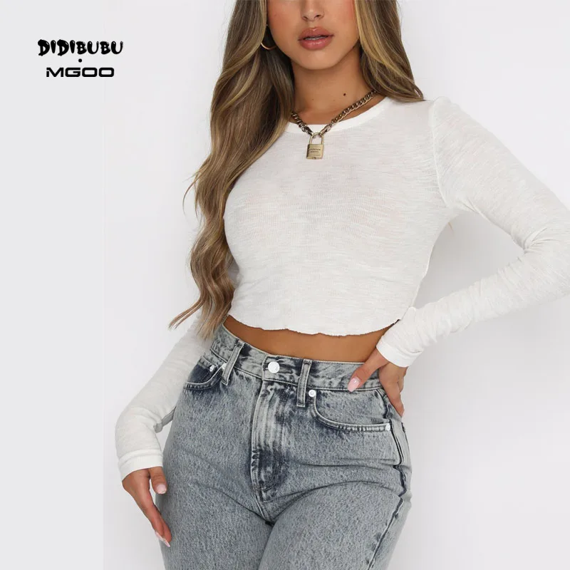 DIDIBUBU White Long Sleeve Cropped Top Women T-shirts High Quality ribbing Crop T shirts