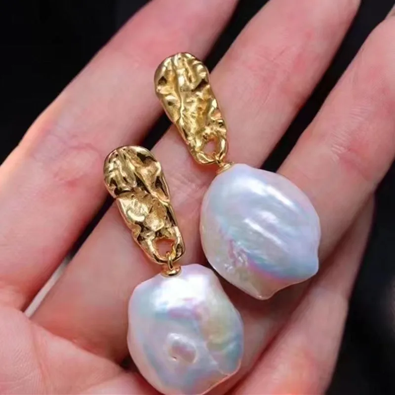 New gold plated sterling silver 15-18 mm AAA keshi natural big baroque pearls silver earrings
