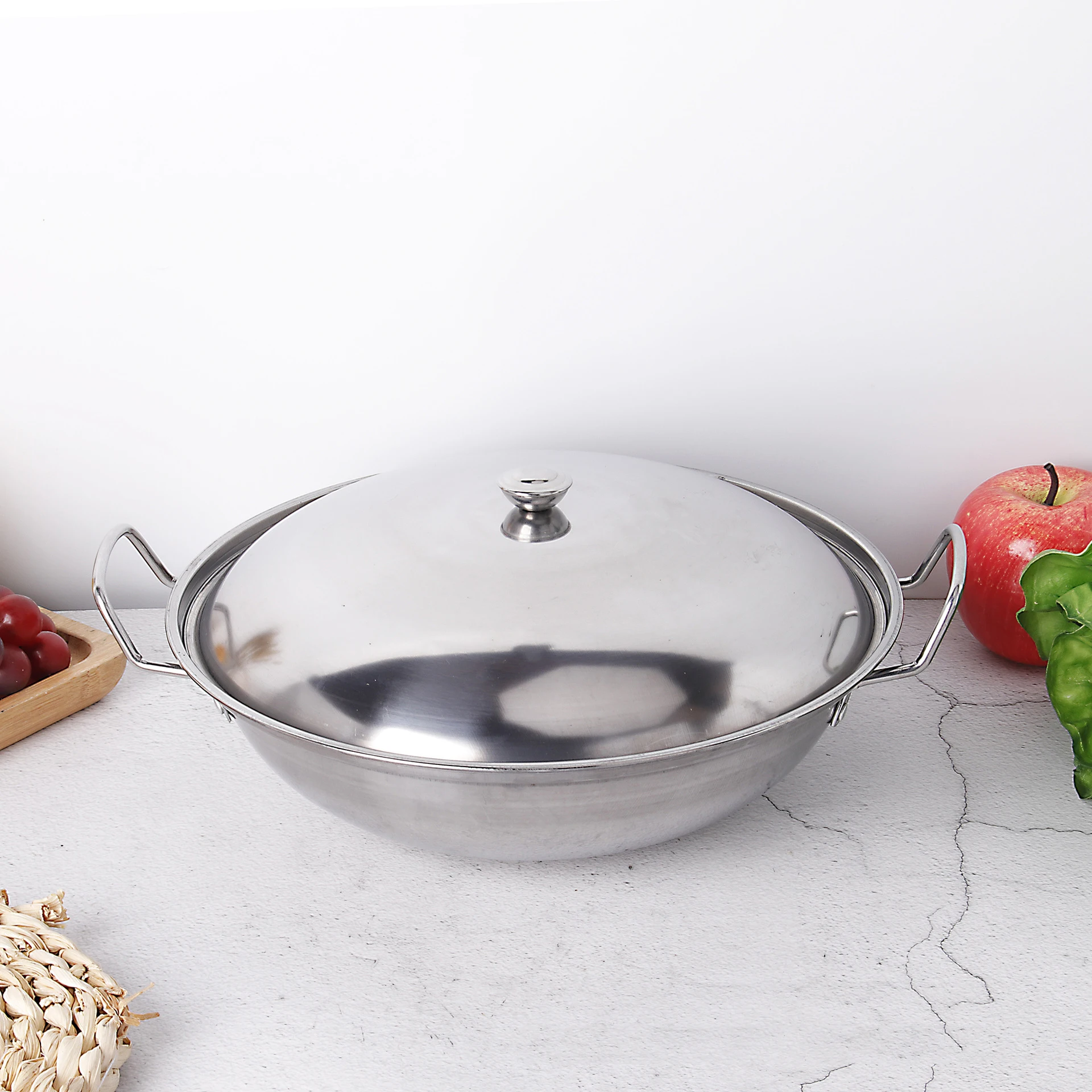 Chinese Hot Pot Set Stainless Steel Frying Pan With Lid Kitchen Cookware Double Handle Fry Pan