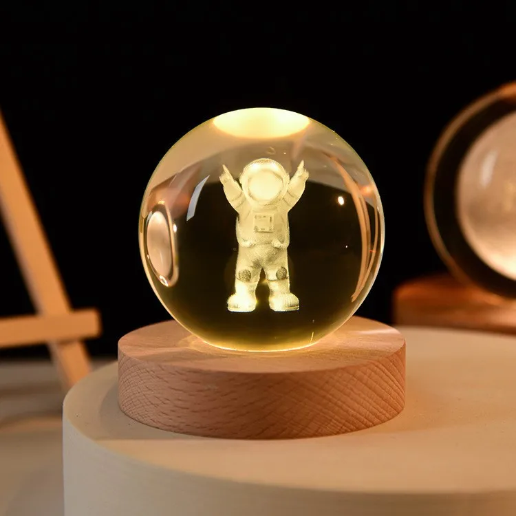 Изготовленный на заказ хрустальный шар солнечной системы планета 3D интерьер резной небольшой ночной свет с деревянной основой светодиодный светильник ночник