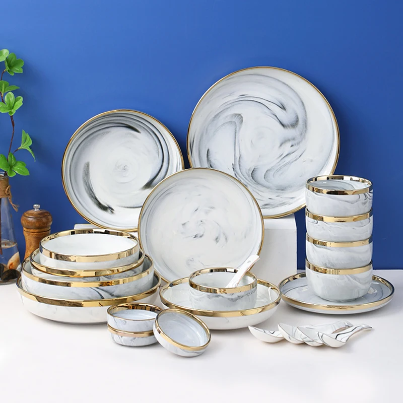 Wholesale Gold Edge Ceramic Dinnerware Sets 2/4/6 People Porcelain Luxury Ceramic Tableware for Household Hotel Dinnerware Sets
