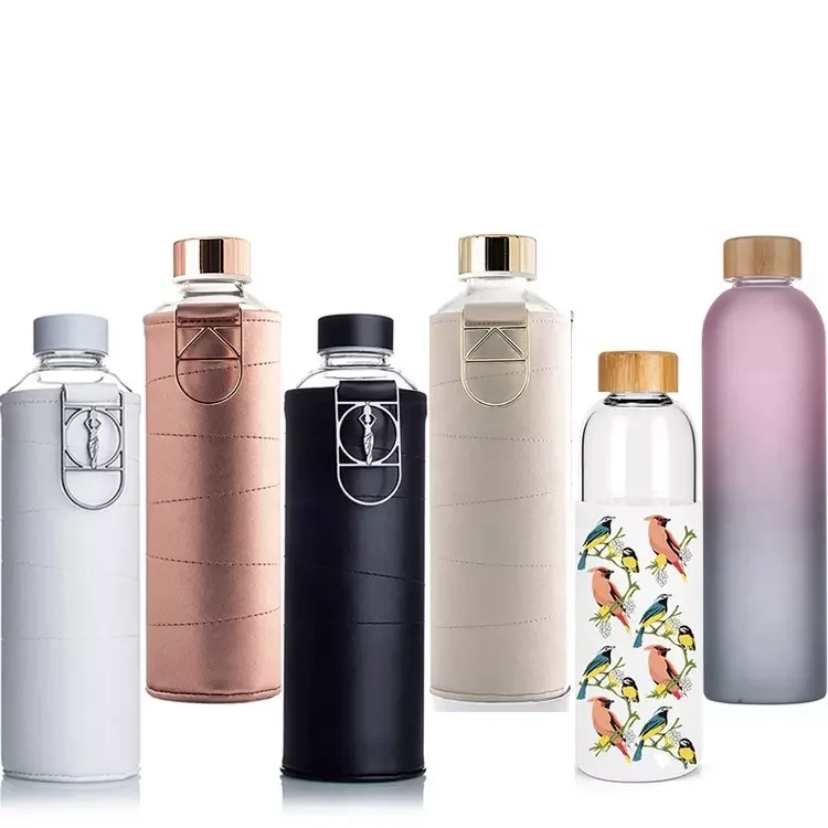 BPA Free Leak Proof Borosilicate Large Glass Water Bottle with Faux Leather Sleeve And Logo
