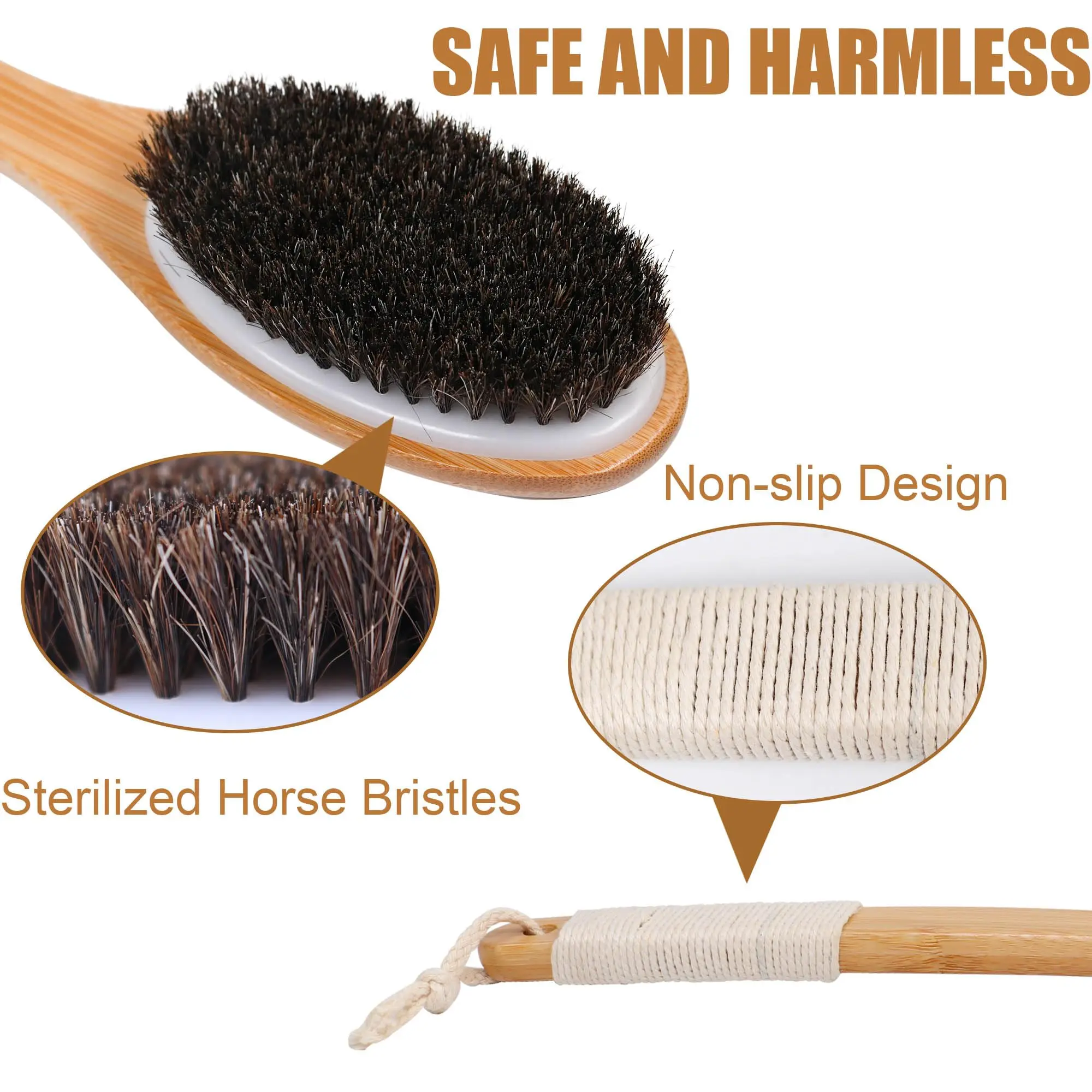Wholesale Long bamboo curved handle horse hair raw bristle bath brush