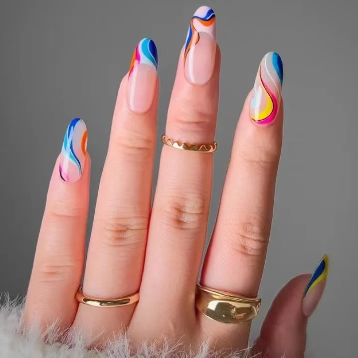 Verified Factory Wholesale Price Full Cover Designed in Rainbow Color Fashion Swirl Oval Press On Nails