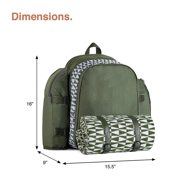Wholesale Picnic Backpack 4 person with Insulated Cooler Compartment - Green (4 Person)