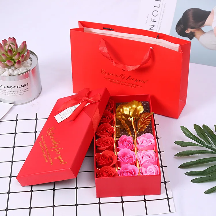 2021 Mothers Day Gift 12pcs Soap Rose Flower 24k Box Gift Valentine Rainbow Flower Soap Bicolor Soap Flower 2022