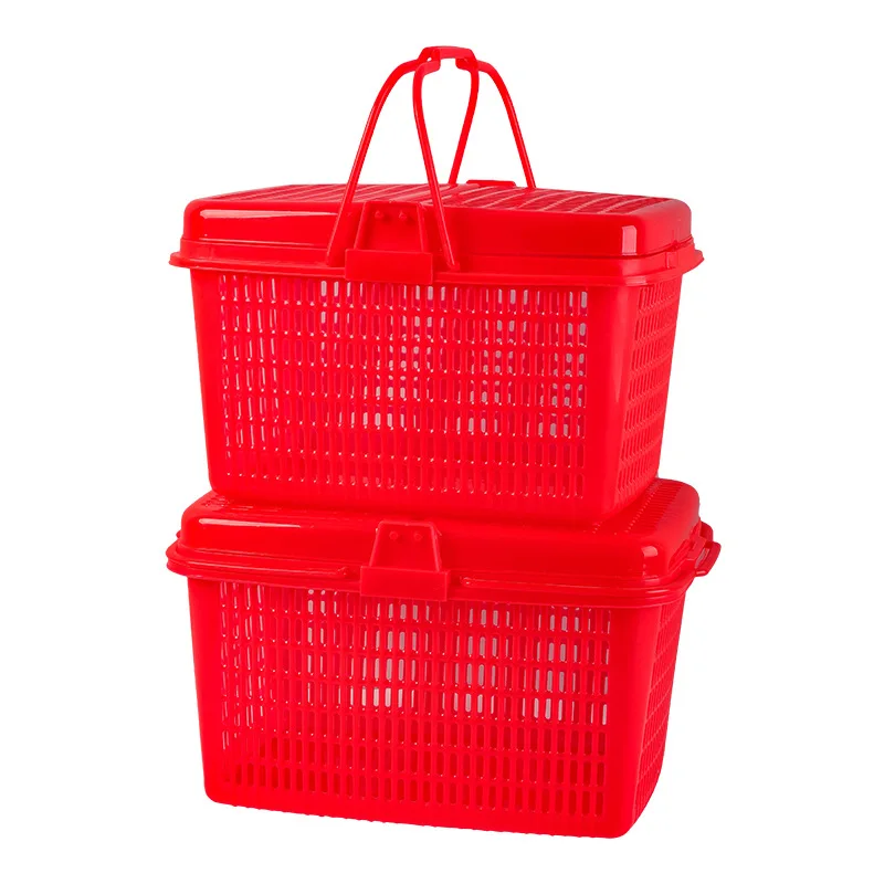 Multicolor Plastic Picnic Basket with Handle and Lid for Sundries Storage