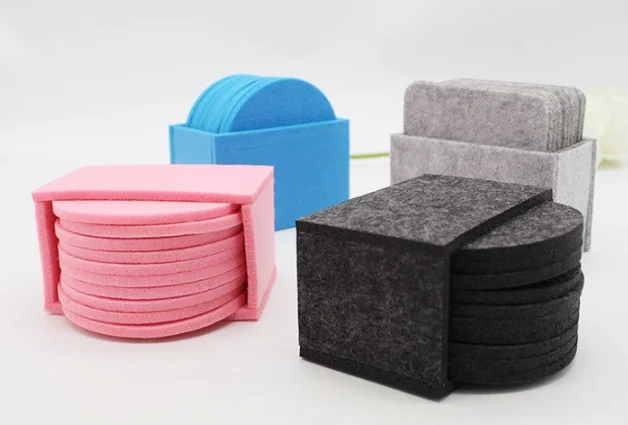 Colorful 10 cm Laser Cut Felt round and Square Glass Coasters with Holder Shaped Felt Placemats for Wholesale Use