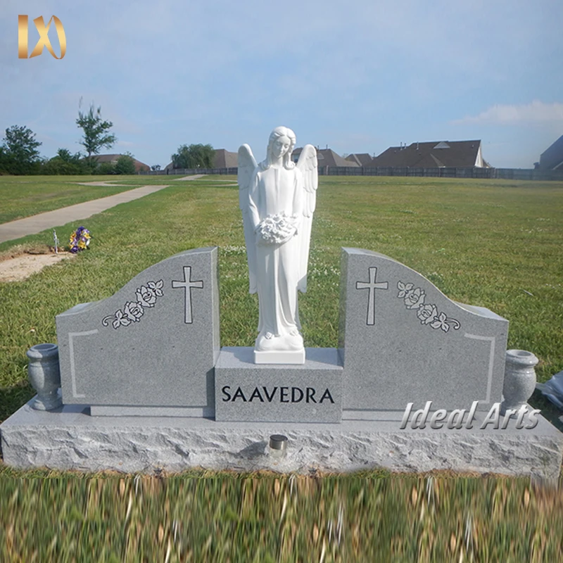 Hand Carved Natural White Marble Angel Wings Monuments Tombstone