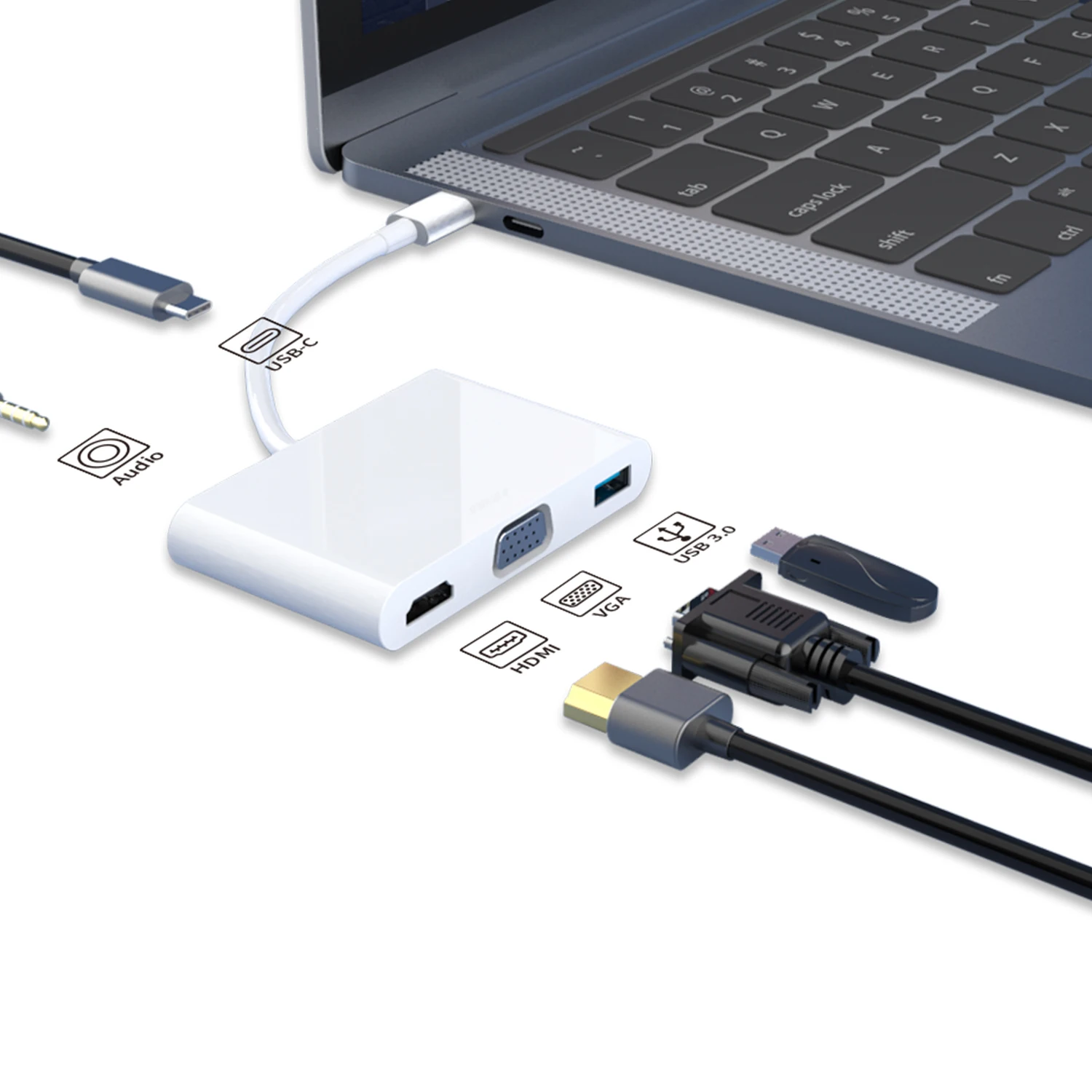 Адаптер для usb-концентратора типа c 5 в 1 серый Тип C PD USB3.0 HD-MI VGA 3