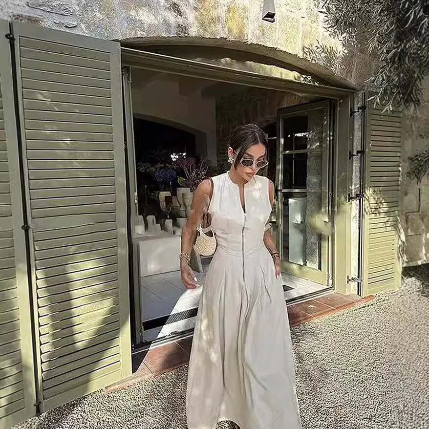 2024 Spring New Fashion Ladies Office Wear Button Waist Long Sleeve Long Dress Women