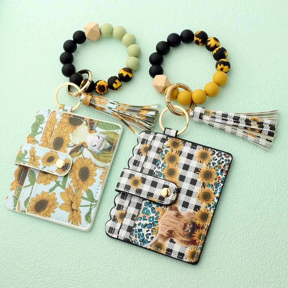 New Silicone Bead Card Bag Holder Western Style Bullhead Sunflower Bracelet Card Bag Women Wallet Keychain