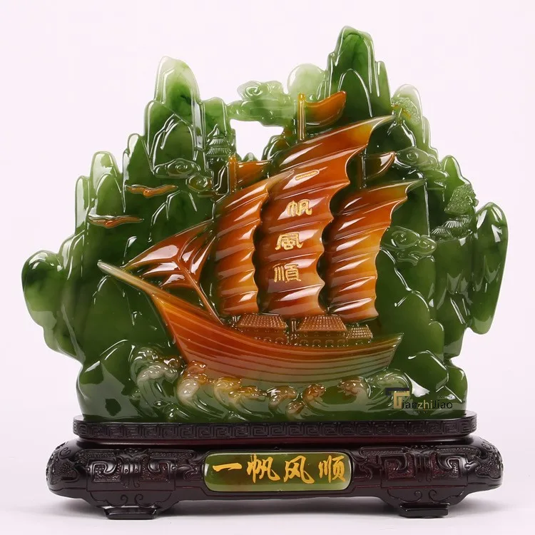 Custom Chinese Feng Shui Jade Ship Home Hotel Office Decor Accessories Resin Sailboat Statue
