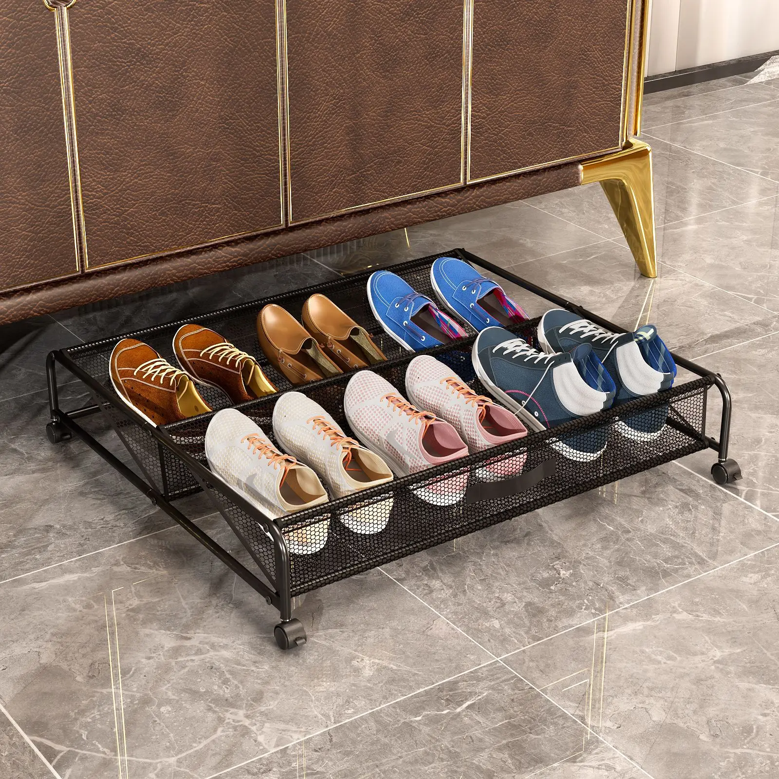 simple removable metal shoes rack household under bed shoes organizer rack with wheels Carbon steel mesh cloth shoes organizer