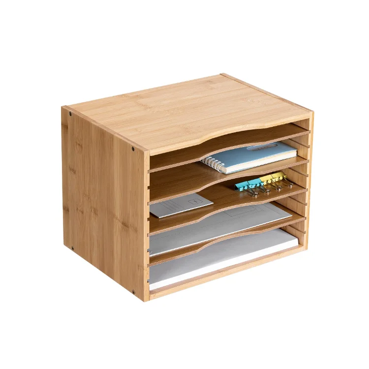 Custom desk file organizer paper tray with adjustable shelves bamboo document tray