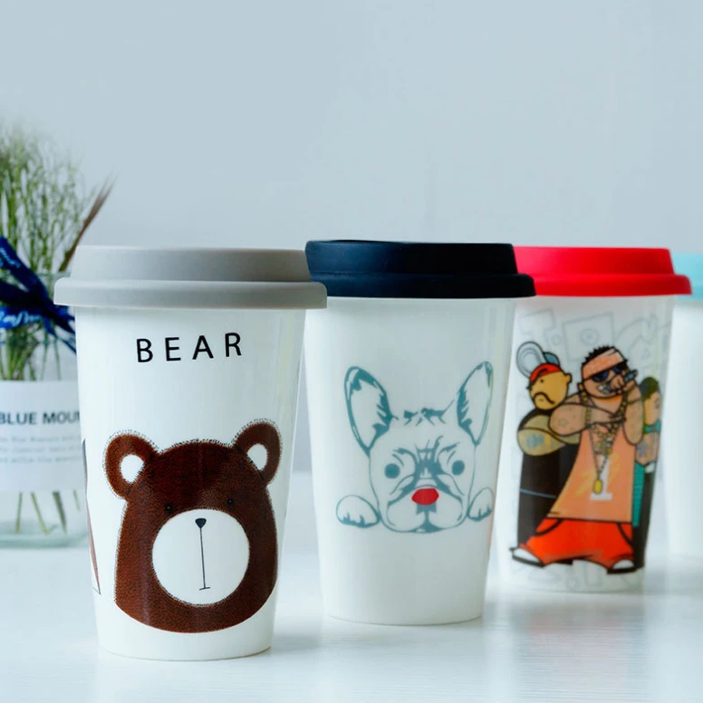 Custom double wall Ceramic coffee travel mug with silicone lid