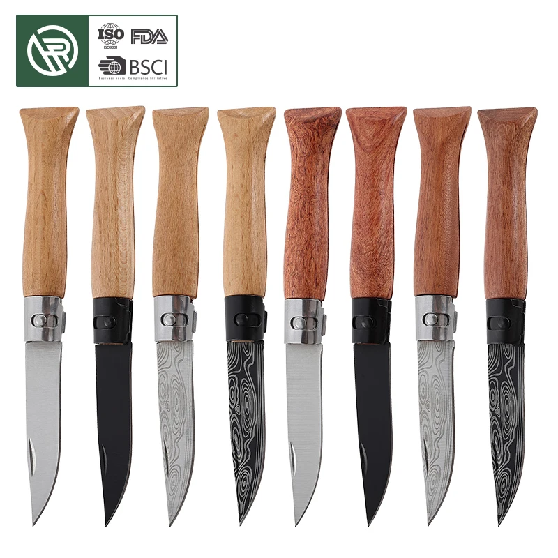 Free Sample Wood Handle Steel Blade Custom Wholesale Outdoor Pocket Survival Camping Portable Folding Knife With Leather Case