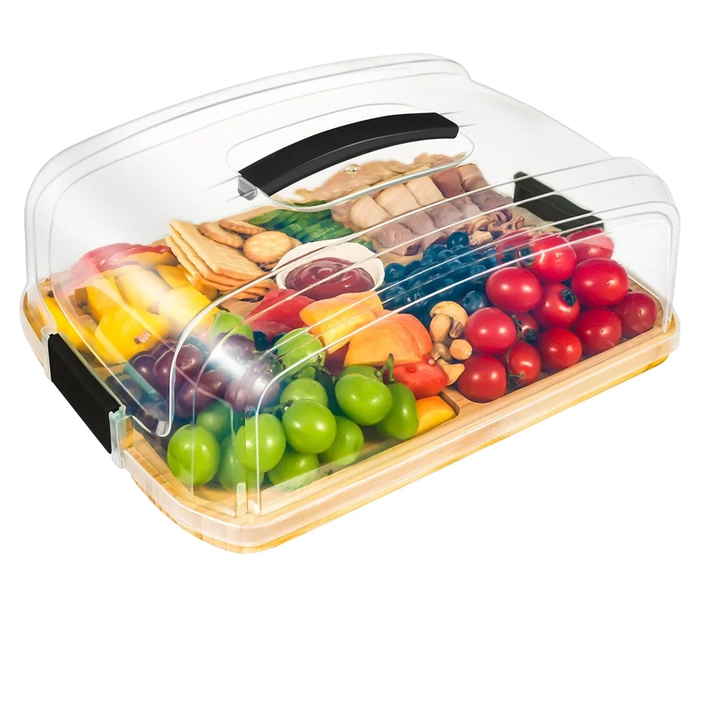 Custom Bamboo Charcuterie Board with 6 Built-in Compartments and Clear Locking Lid for Travel Picnic