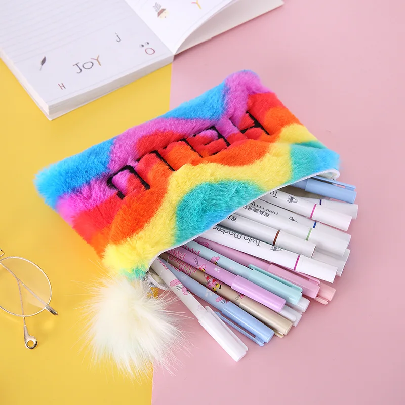 Милый большой плюшевый пенал с меховым помпоном, пенал для девочек, плюшевый пенал, кавайная сумка для макияжа, школьные принадлежности, канцелярские принадлежности