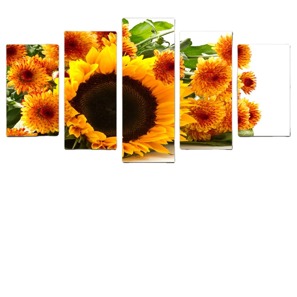 Modern HD Printed Painting Flowers Canvas Home Decor 5 Panel Yellow Sunflower Landscape Poster Modular Wall Picture
