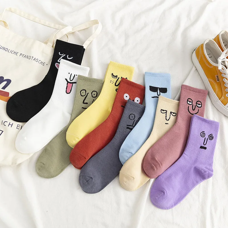 Wholesale solid color  ladies casual knit tight print Cotton  cute funny emotion crew smiley face  women socks funny