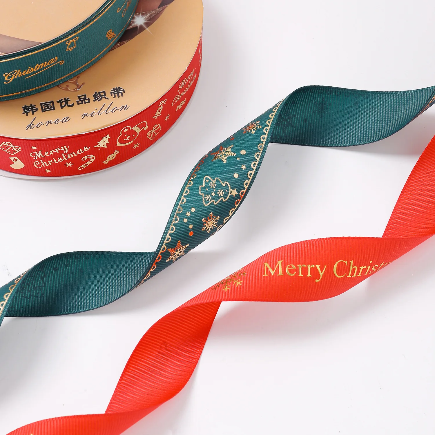 Hanfan Factory  Ribbon Printing Christmas Pattern Foiling Gift Box Packaging Accessories Polyester Silk Ribbon