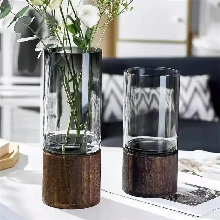 Wholesale Luxury Round Transparent Clear Crystal Hanging Plant Flower Glass Vases With Wooden Base