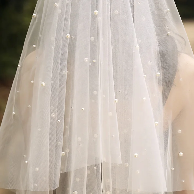 Ins Hot Handmade Factory Ivory Soft Tulle Pearl Bridal Veil Customized Vintage Evenly Spaced Small Pearl Wedding Bridal Veil