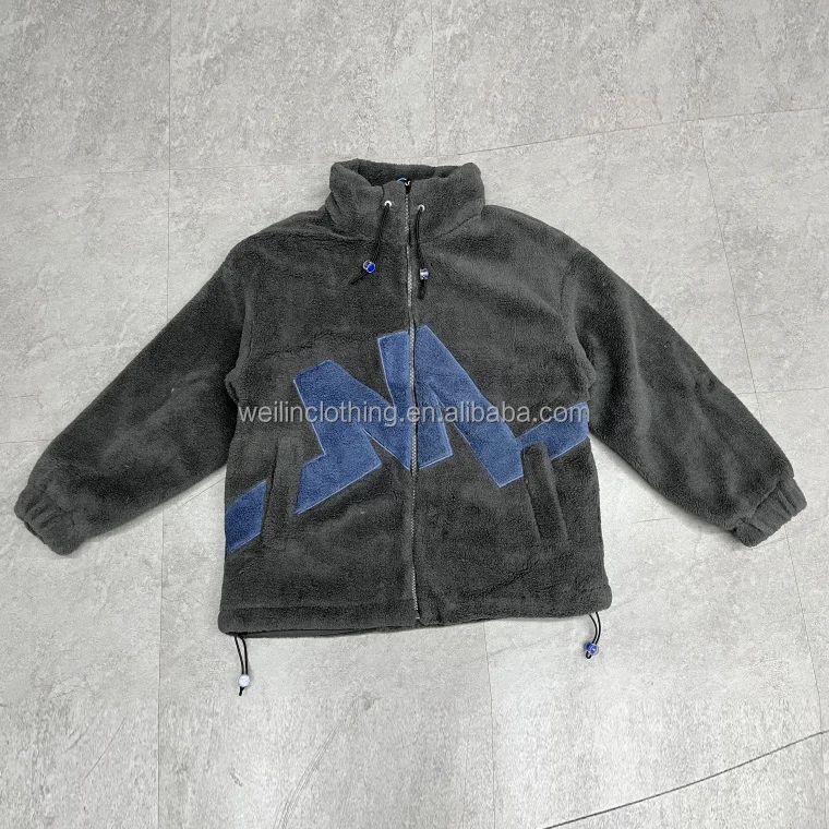Custom embroidery fluffy shearling quilted lining sherpa fleece jacket for men
