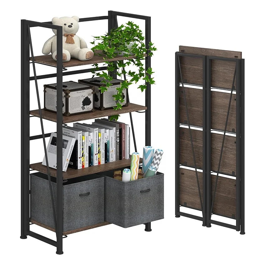 Vintage Foldable Bookshelf Folding Shelf bookcase Industrial Look Living Room Bedroom Furniture 4 Tier Shelf