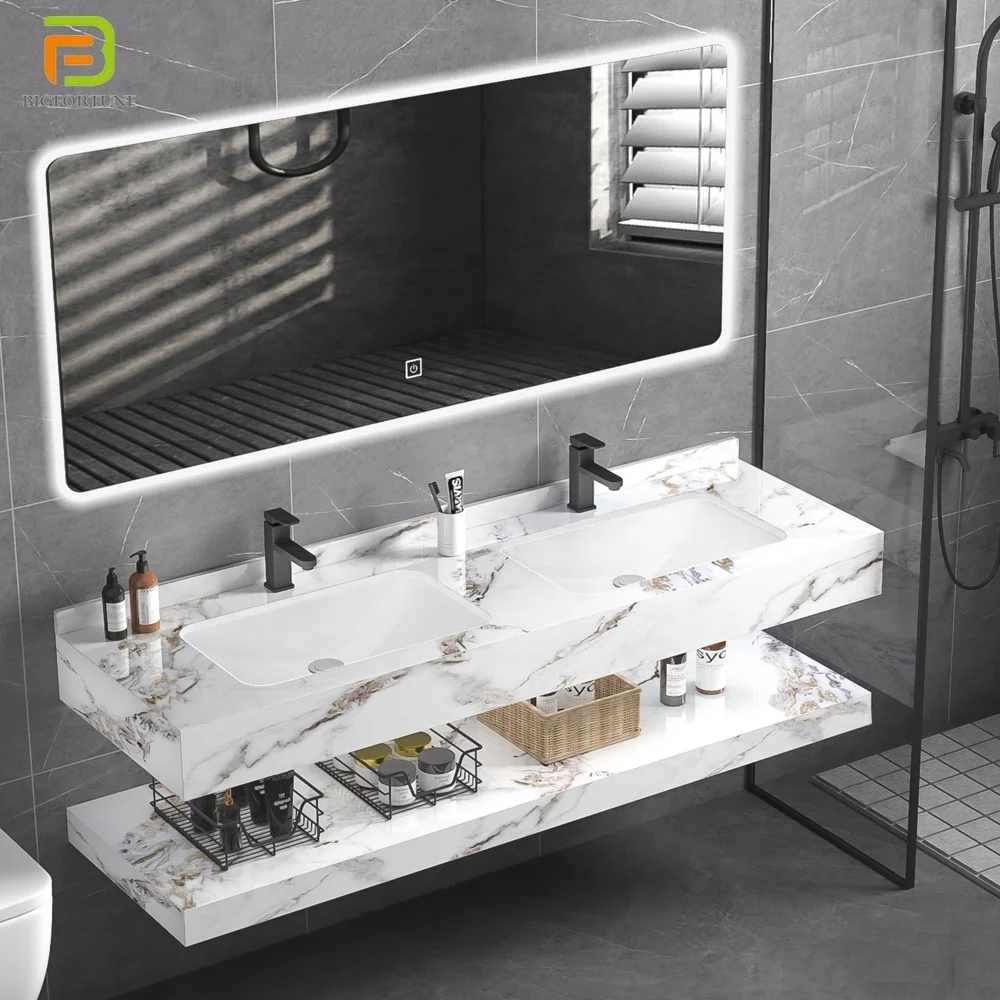Customized double integrated sink bathroom vanity cabinet set with marble counter top basin