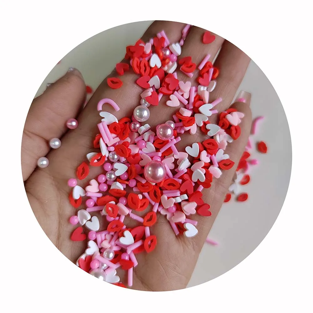 500g Valentines Love Heart Polymer Clay Sprinkles Pink Red Love Heart Clay Slices Beads for Nails Decor Slime Accessories