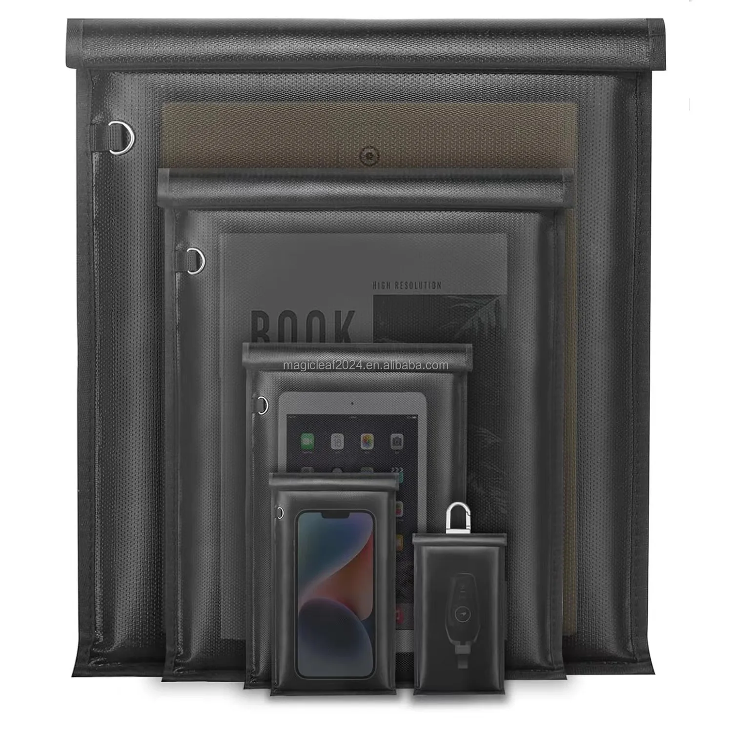 Fireproof bag include 5 different size for car key phone sleeve ipad and laptop sleeve