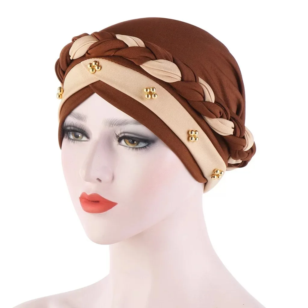 Wholesale New Design Women Muslim Hijab Cap With Elastic Solid Pearl Braid Knot Soft Sleep Turban
